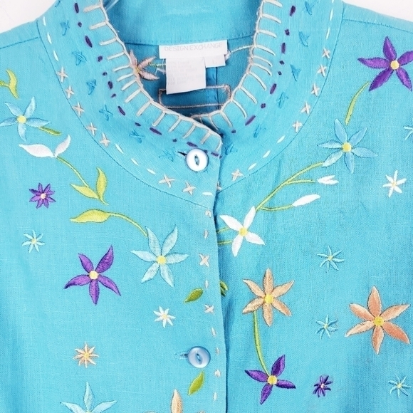 Design‎ Exchange -  Linen Blend Turquoise Floral Embroidered Jacket Size Large - Picture 6 of 6